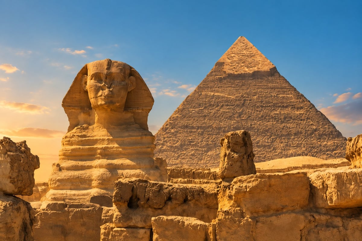 Great Sphinx foreground with Khafre Pyramid behind on the Giza Plateau, Cairo, 8-Day Cairo, Abu Simbel, Luxor and Hurghada to