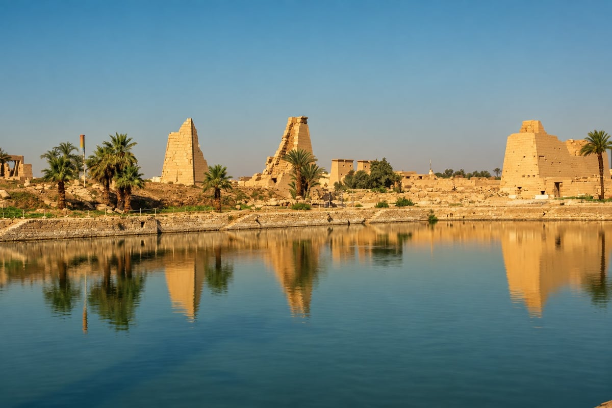 Sacred Lake and Karnak Temple pylons reflected on the water, seen during a Steigenberger Legacy Nile Cruise shore visit