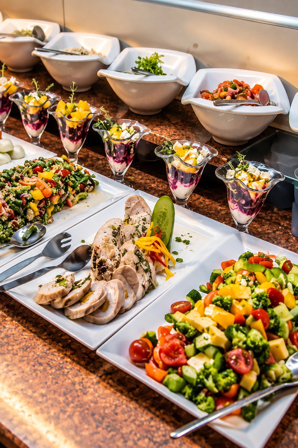 Medea Nile Cruise buffet station with salads, cold cuts, and dessert parfaits on the dining deck
