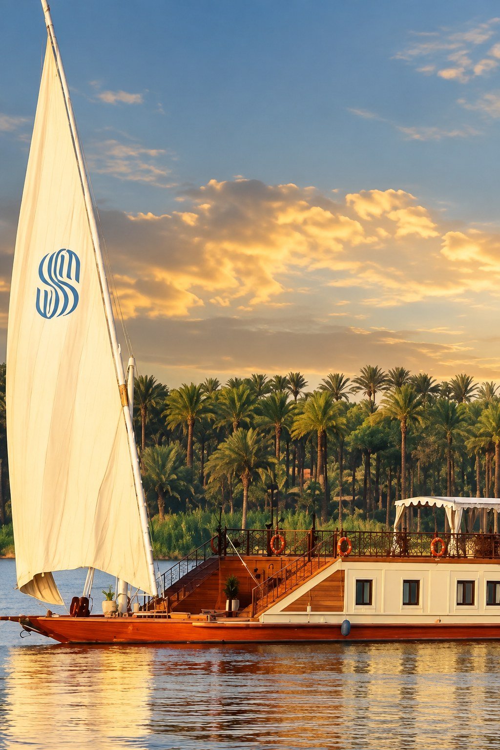 Felucca-style cruise boat sailing on the Nile with palm-fringed riverbank, Discover Egypt 7-day Nile cruise