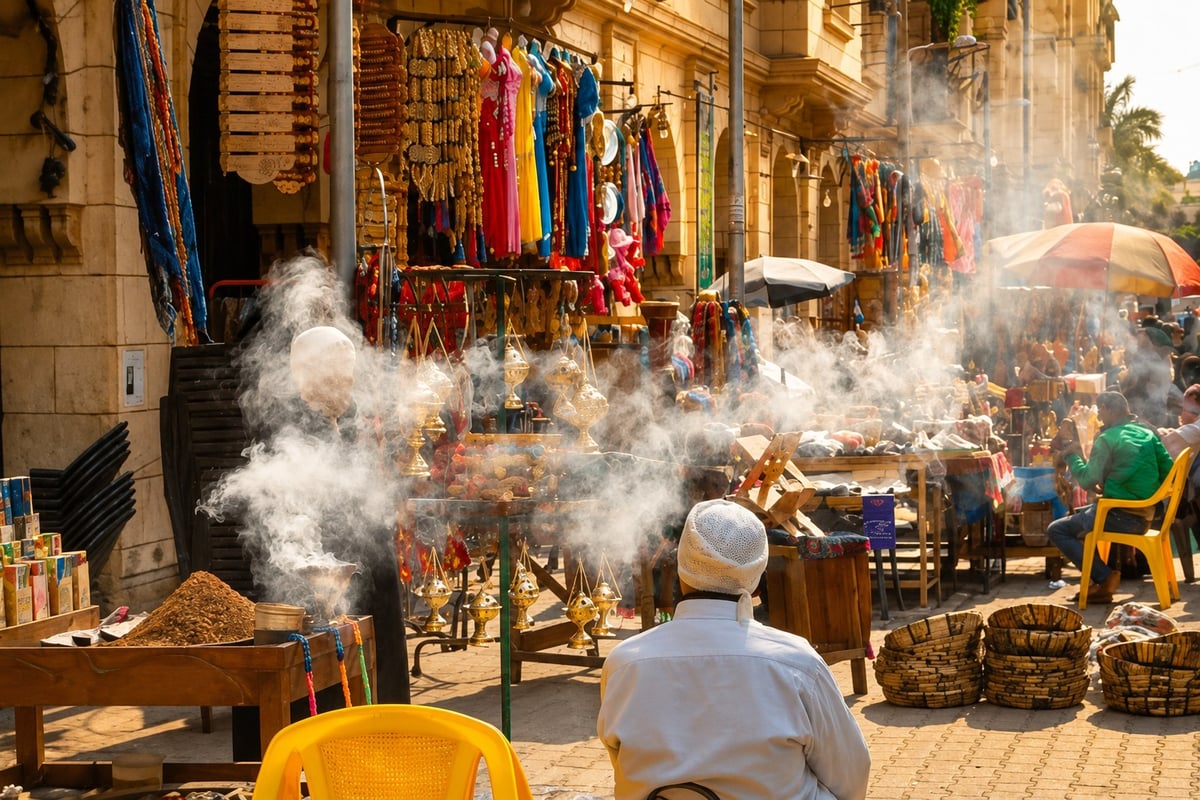 Outdoor market stalls, incense smoke, and textiles at Khan el-Khalili, Islamic & Coptic Cairo Tour
