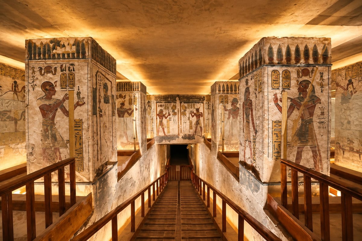 Wooden ramp descending into a decorated burial chamber in a Valley of the Kings tomb, Luxor West Bank