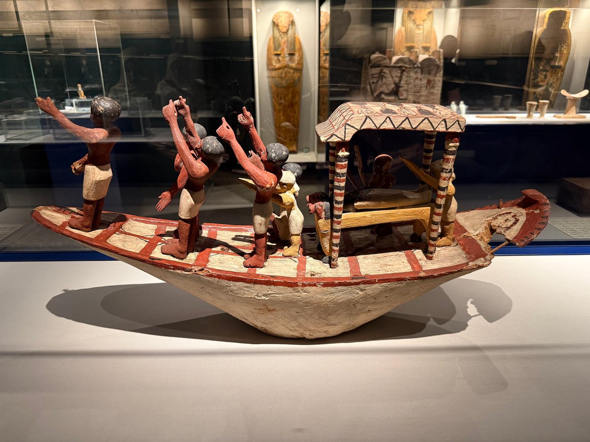 Mummification Museum, Luxor, painted wooden funerary boat model. Photo: Chabe01, CC BY-SA 4.0, via Wikimedia Commons
