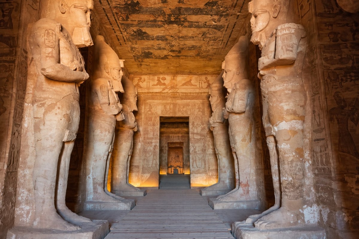 Abu Simbel Temple interior corridor with seated Ramesses II statues, 8-day Cairo, Luxor, Aswan and Abu Simbel Nile Cruise