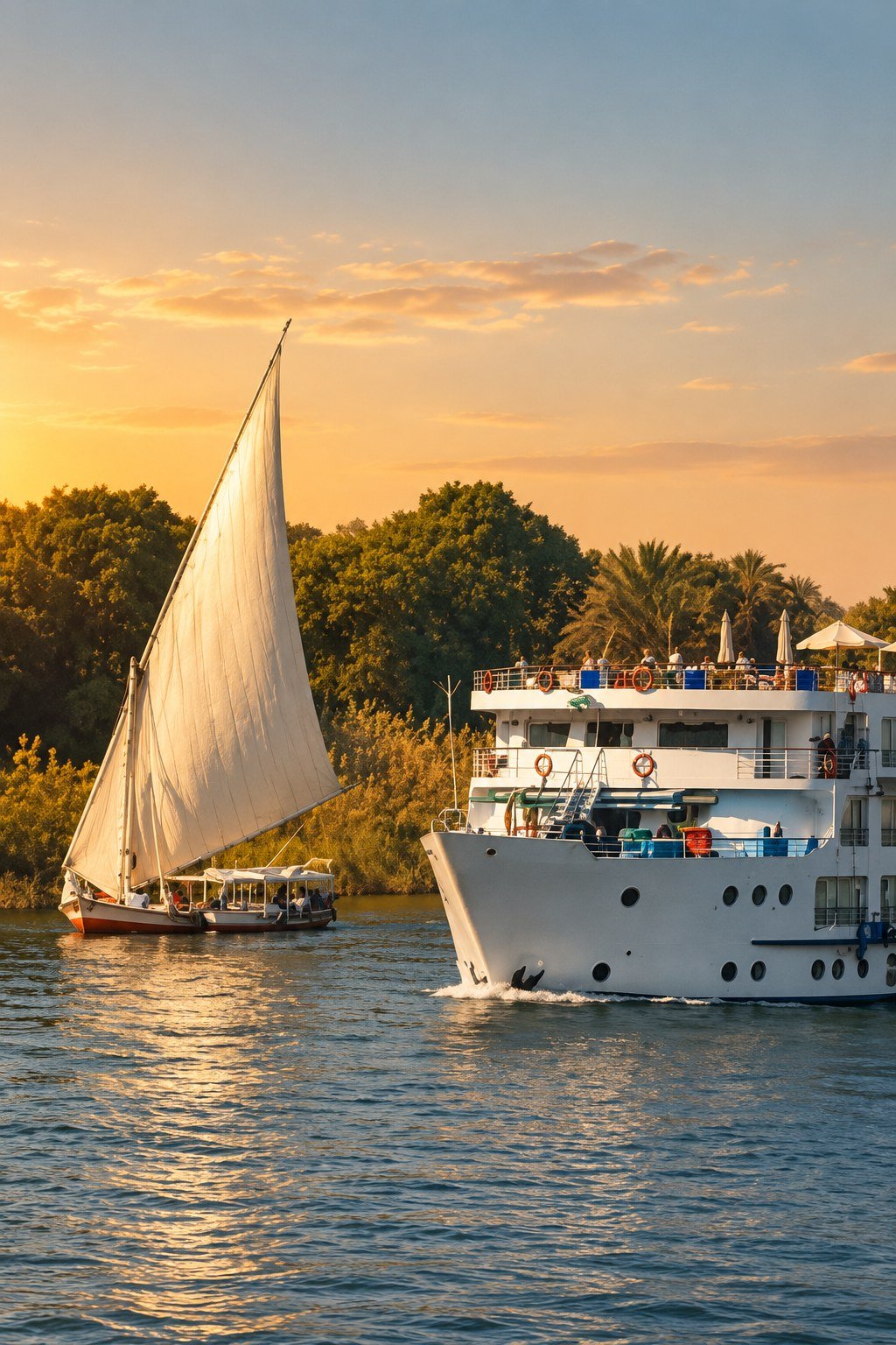Sunset felucca ride on the Nile in Aswan, traditional sailboat passing a moored cruise ship
