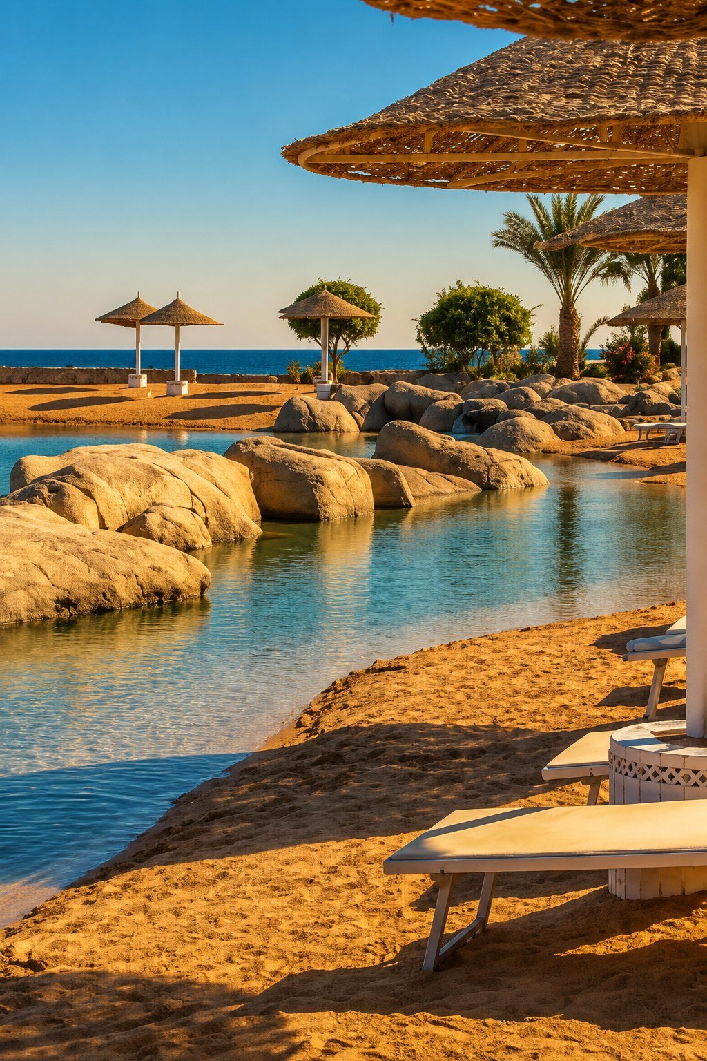 Sharm El Sheikh beach with sun loungers, reed umbrellas and a rocky lagoon, Red Sea resort, hotel to airport departure transf