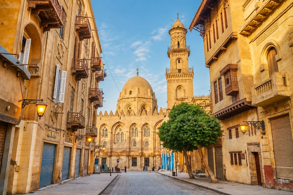 Historic street in Islamic Cairo with mosque dome and minaret, a visible landmark for Cairo hotel to CAI departure transfer