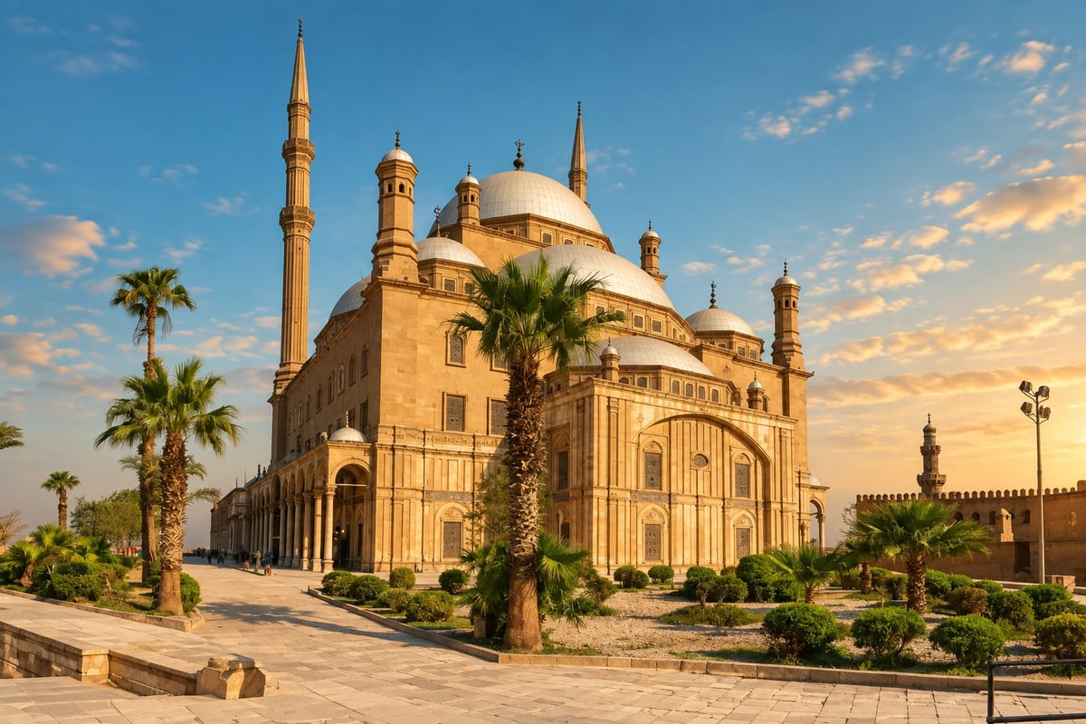 Muhammad Ali Mosque domes and minarets at Salah El Din Citadel, Cairo, seen from the citadel courtyard