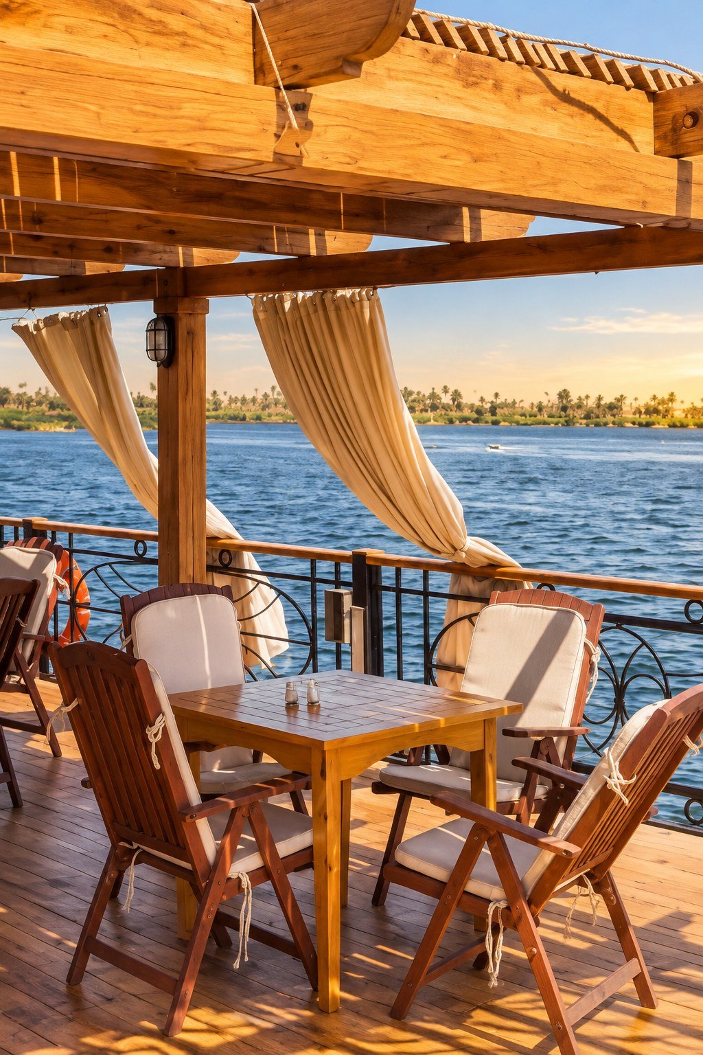 Salima Nile Cruise upper deck dining area, wooden pergola, curtains, chairs and Nile view