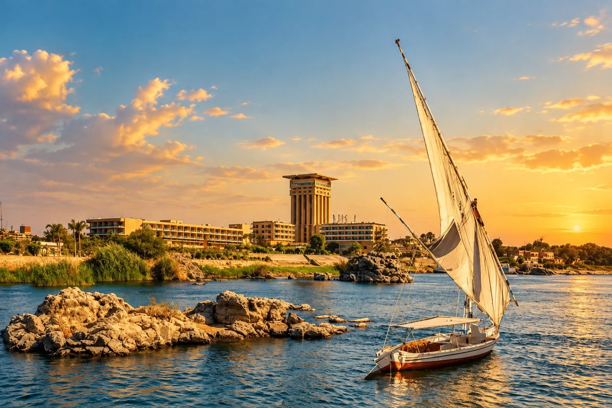 Felucca sailing on the Nile near Aswan, Mövenpick Resort Aswan visible on the riverbank