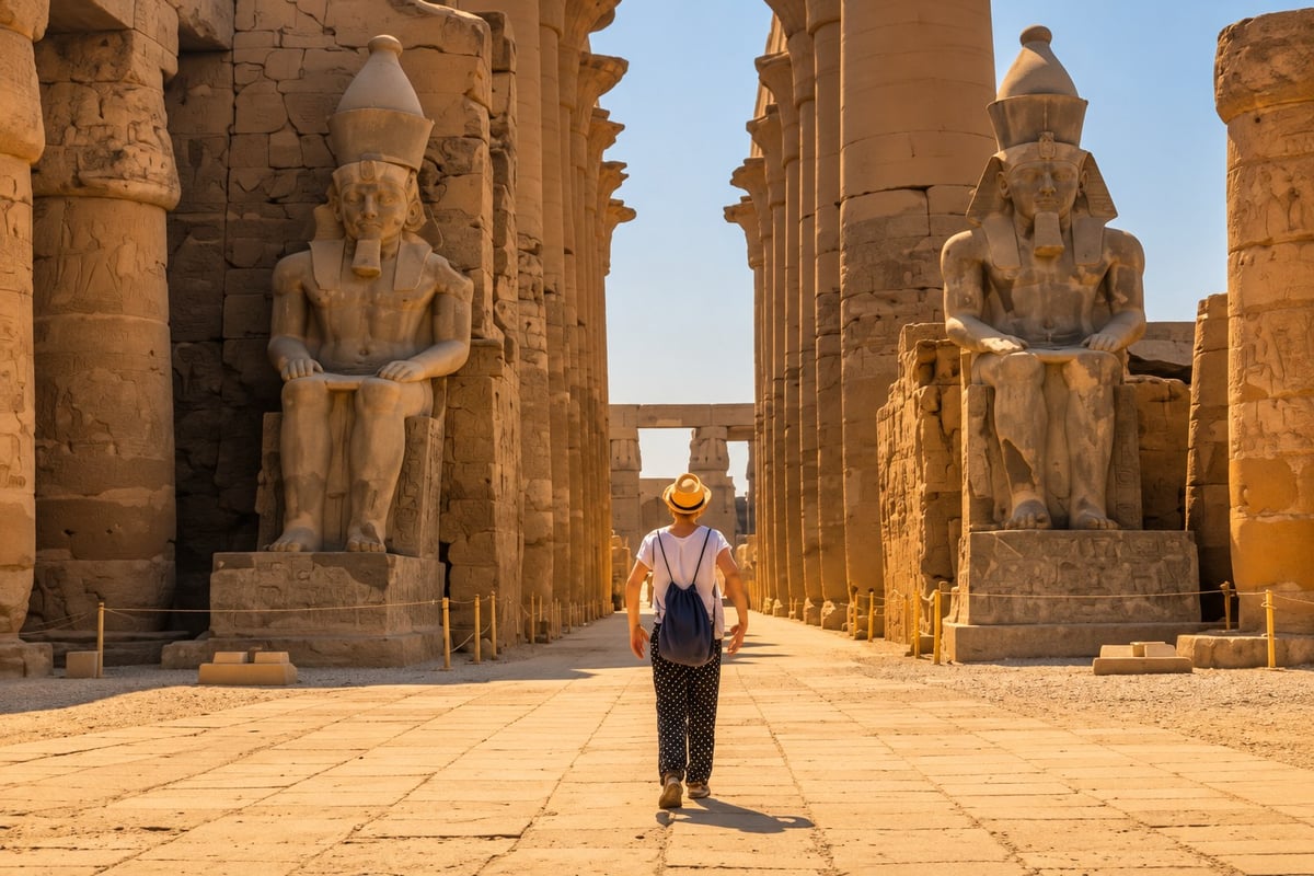 Visitor walking through Luxor Temple colonnade between seated pharaoh statues, Aswan Kom Ombo Edfu & Luxor Day Tour