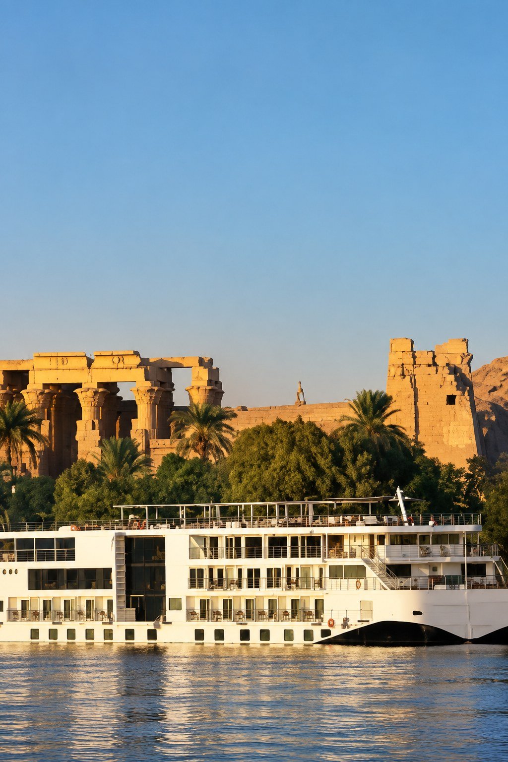 Nile Quest Nile Cruise moored on the Nile beside an ancient Egyptian temple
