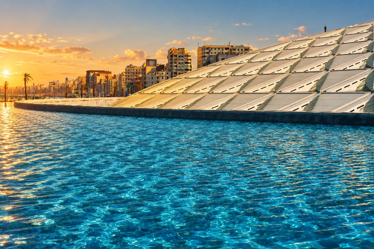 Bibliotheca Alexandrina reflecting pool and modern dome, Alexandria, for Alexandria full-day sightseeing from Cairo