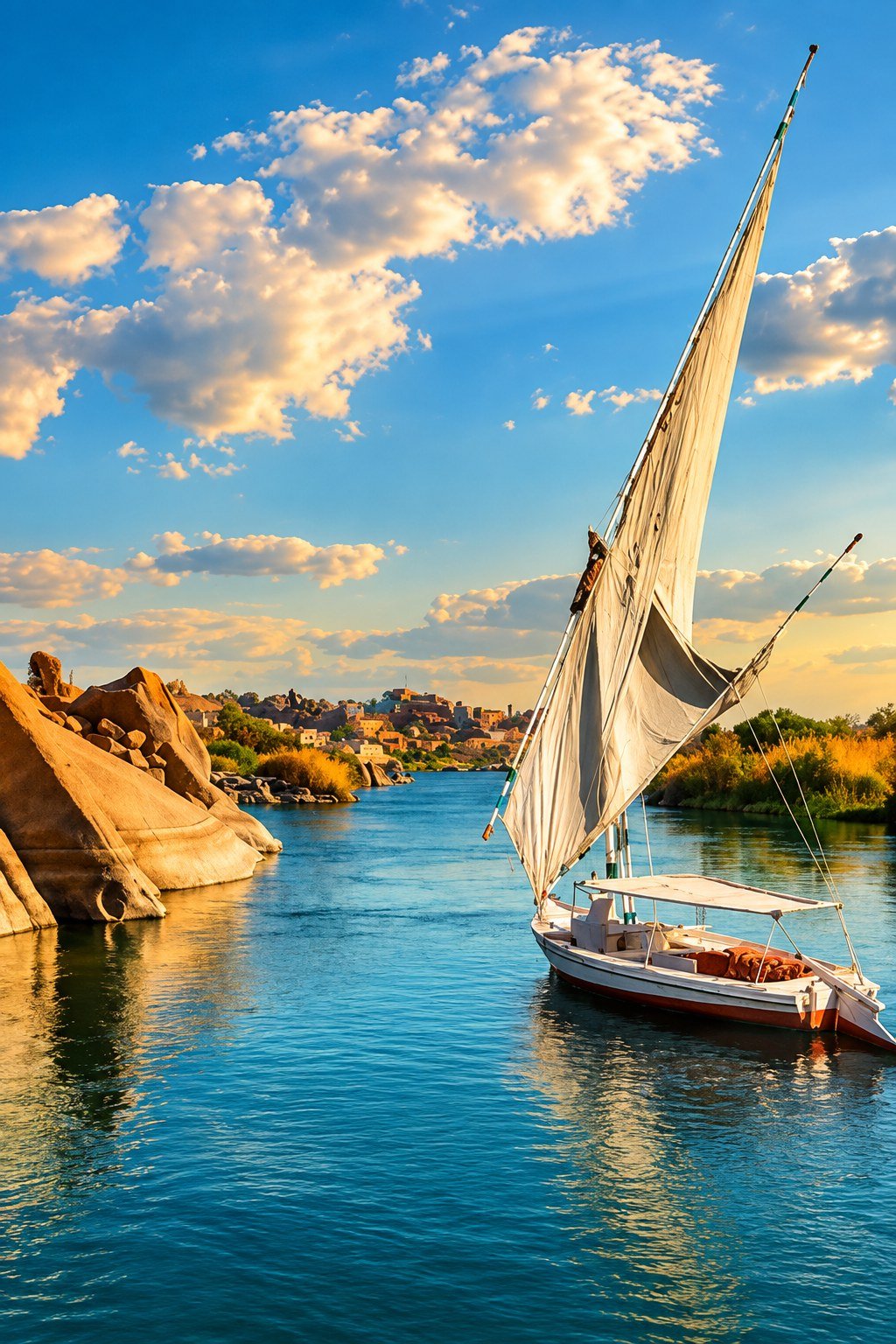 Felucca sailing on the Nile near Aswan, vivid sky, Aswan to Luxor private transfer imagery