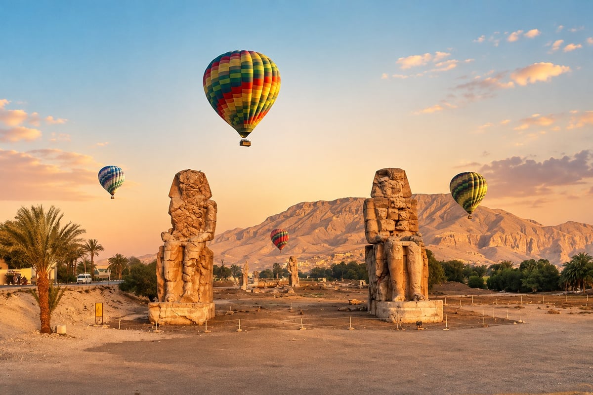 Sunrise hot air balloon ride over the Colossi of Memnon, Luxor West Bank