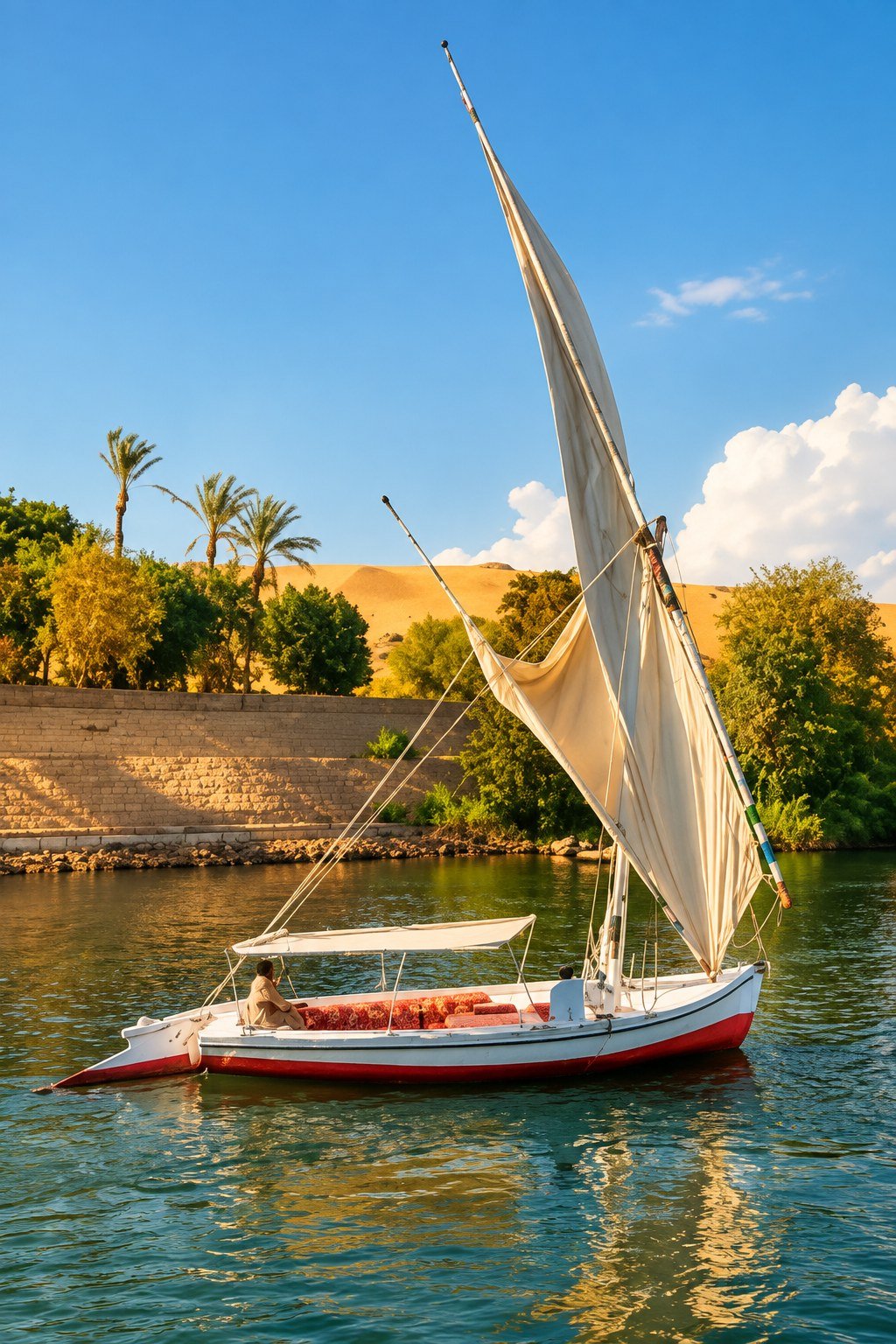 White-sailed felucca on the Nile near Aswan, traditional wooden boat for a sunset felucca ride