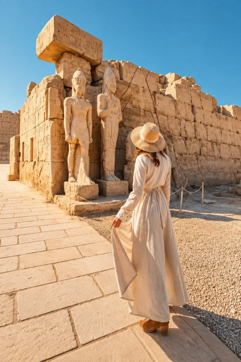 Visitor at Luxor Temple standing by colonnaded forecourt statues, Deluxe 5-Star 4 Nights Nile Cruise