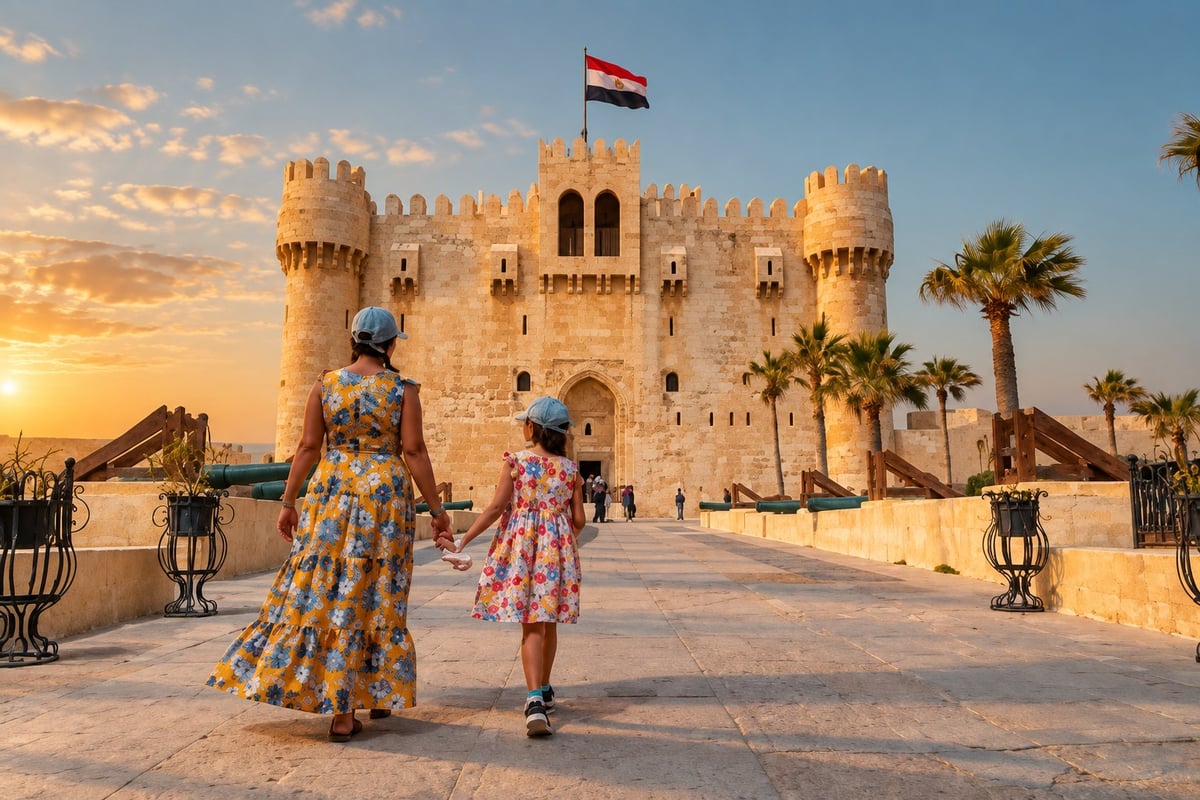 Mother and child walking toward Qaitbay Citadel, Alexandria, during Luxor to Cairo with Alexandria post-cruise stay