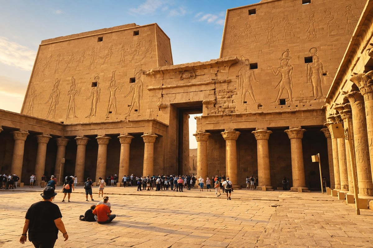 Nile Story Nile Cruise visit to an ancient Egyptian temple courtyard with columns and hieroglyphs, visitors