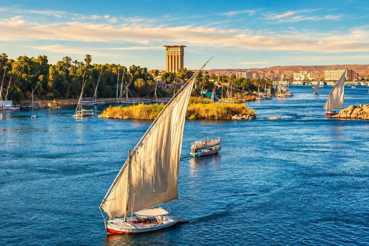 Felucca sailing on the Nile at Aswan, view from the High Dam, Philae Temple and Unfinished Obelisk Day Tour