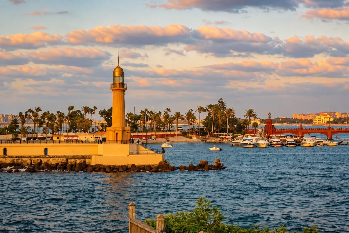 Alexandria Corniche lighthouse and harbour at sunset, for Luxor to Cairo with Alexandria post-cruise stay