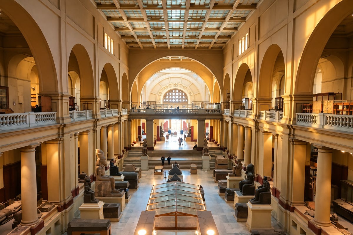 Egyptian Museum Grand Hall, Cairo, statues and display cases viewed from the mezzanine, Egyptian Museum Half Day Tour