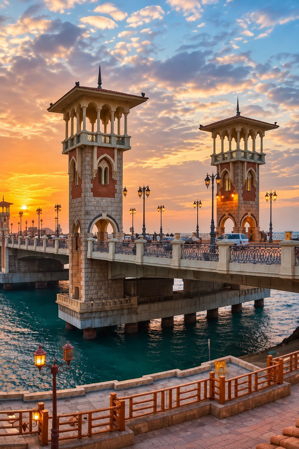 Stanley Bridge towers and promenade bathed in sunset light, Alexandria, 10 Days Classical Tour of Egypt