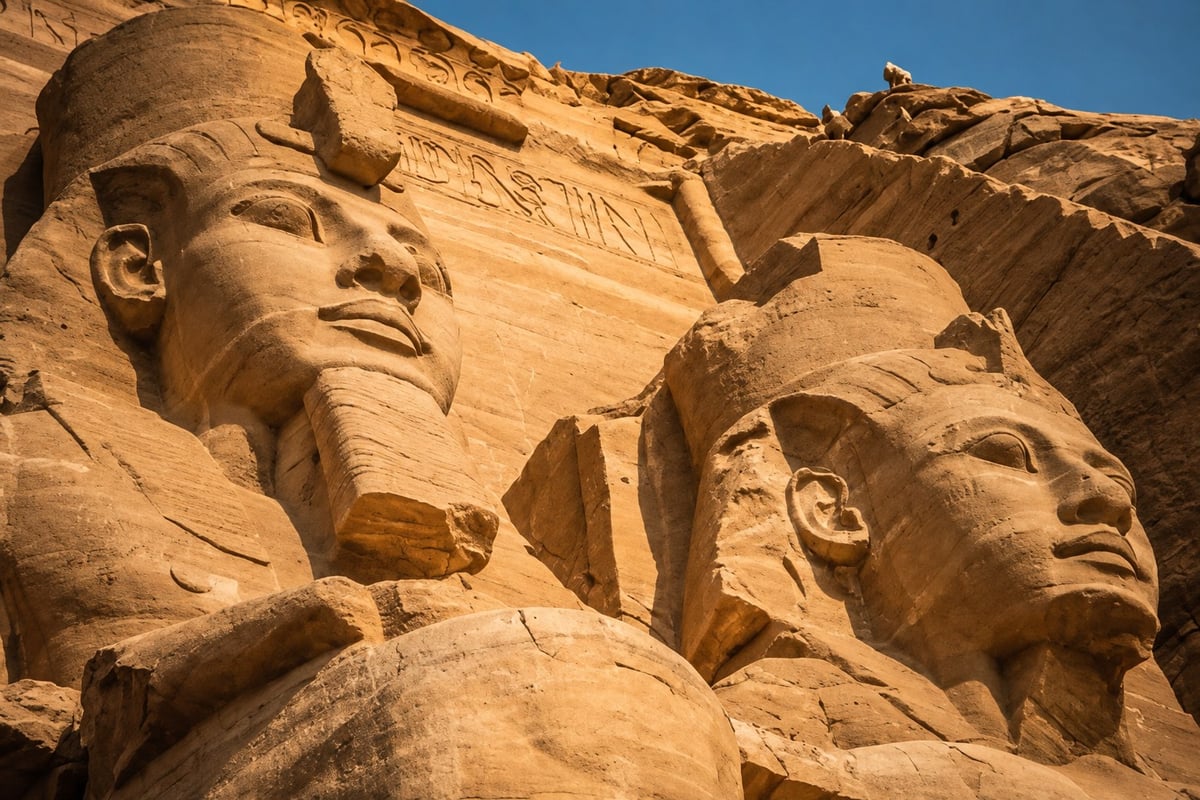 Colossi of Ramesses II at Abu Simbel, close-up, Deluxe Abu Simbel Nile Cruise visit