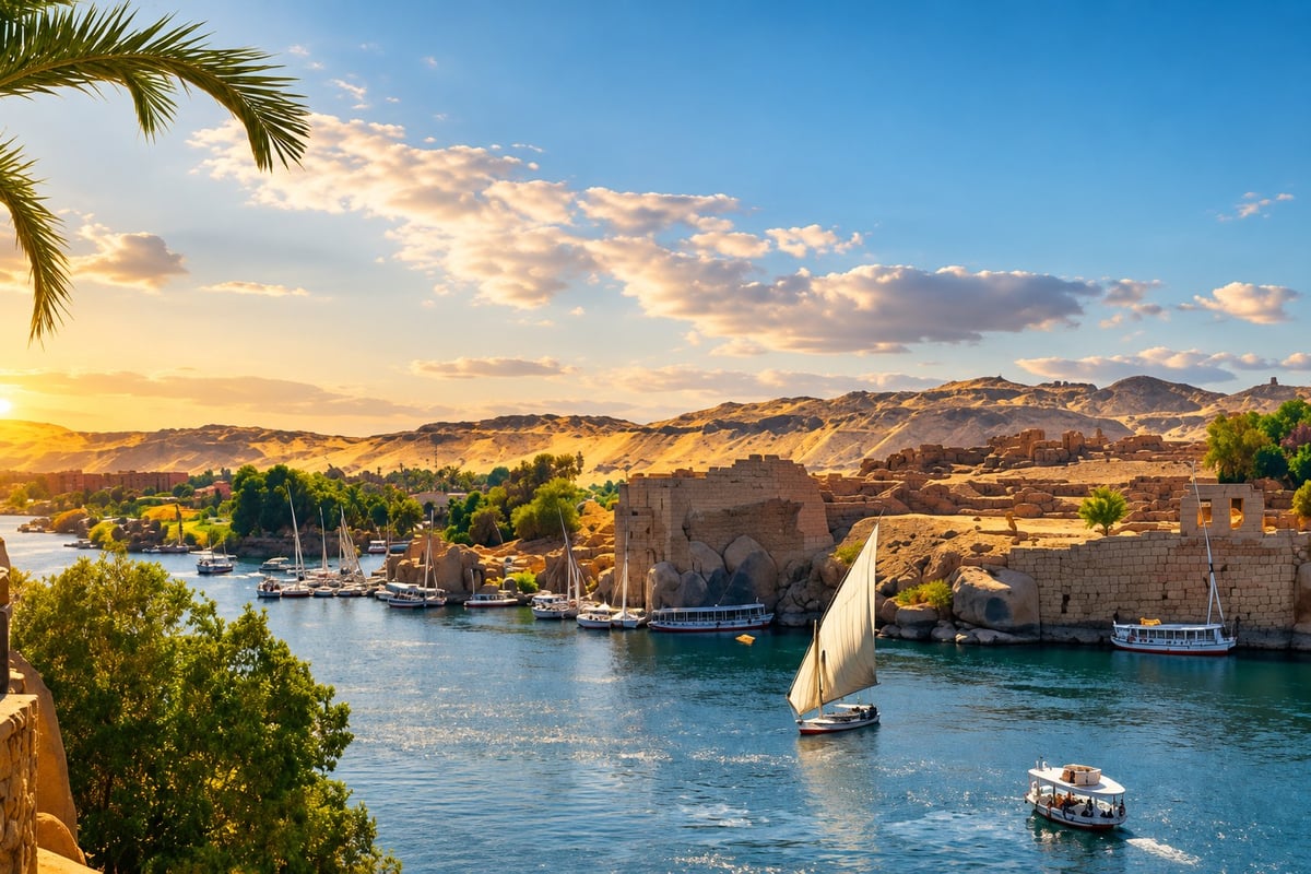 Felucca sailing on the Nile at Aswan with sandstone cliffs, for Abu Simbel by Road from Aswan Day Tour