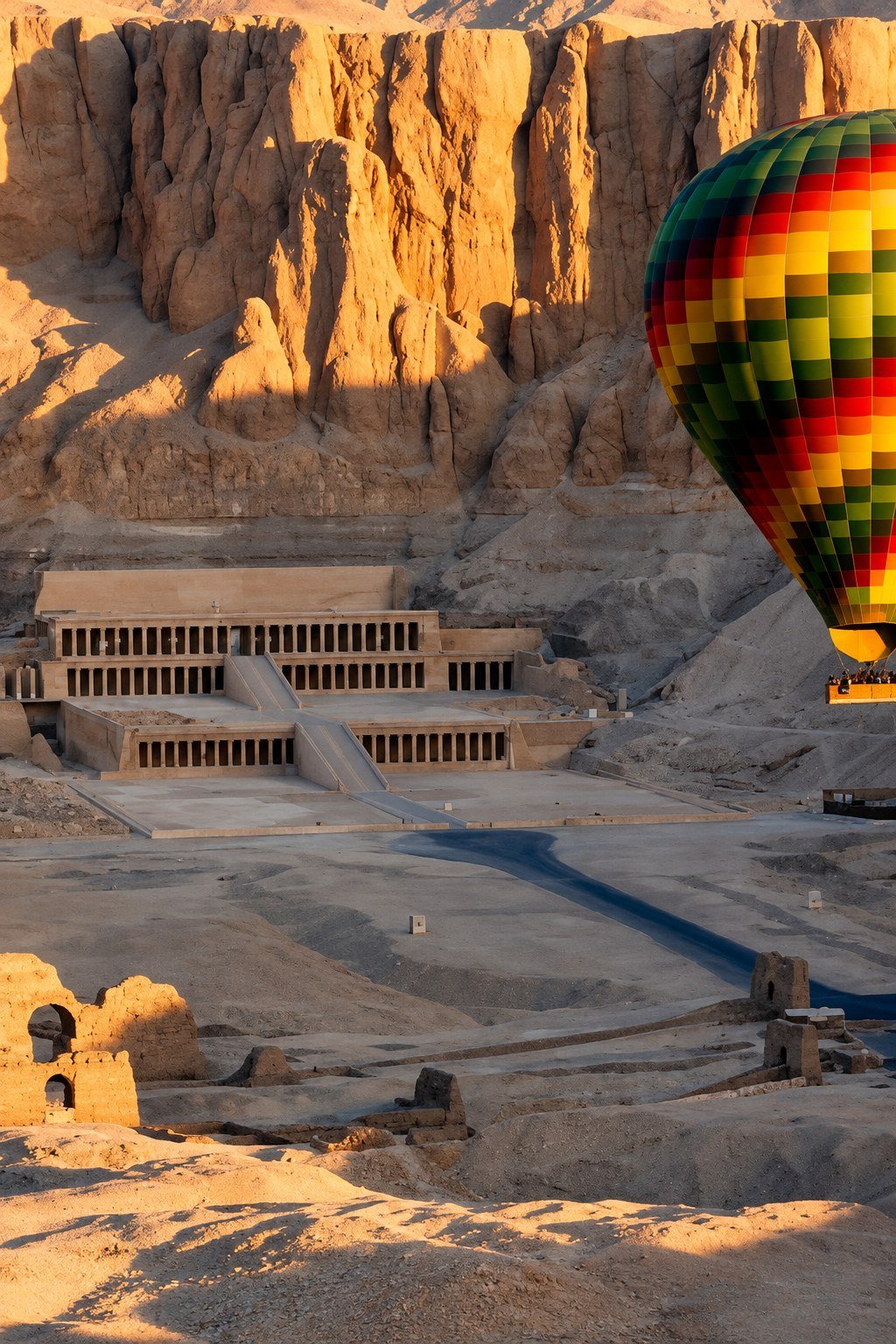 Hot air balloon above the Hatshepsut temple in Luxor