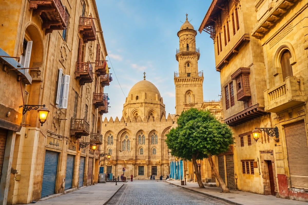 Narrow street in Islamic Cairo framed by a mosque dome and minaret, Cairo pre-cruise stay orientation