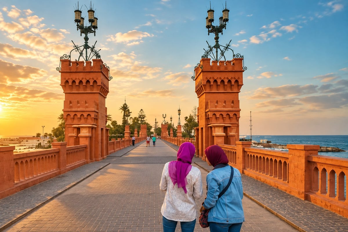 Two women walking on Stanley Bridge, Alexandria, Mediterranean seafront, Aswan to Cairo post-cruise stay