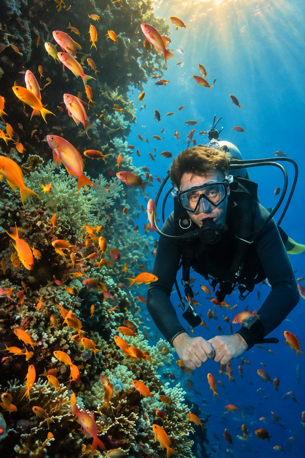 Scuba diver among coral and orange anthias at Ras Mohammed, Red Sea, Ras Mohammed snorkeling by yacht