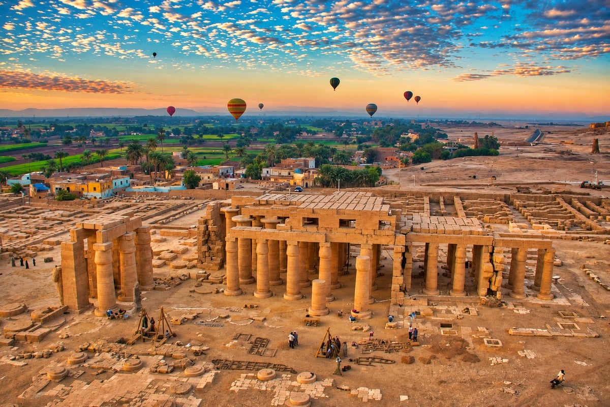 Cruise or hotel to Luxor Downtown transfer: sunrise over Luxor temple ruins with hot-air balloons