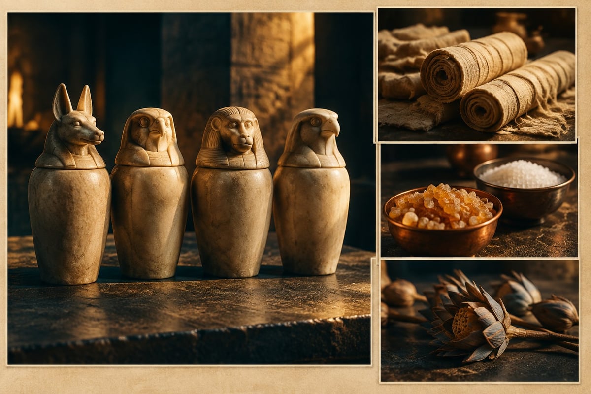 Mummification Museum, canopic jars cinematic collage