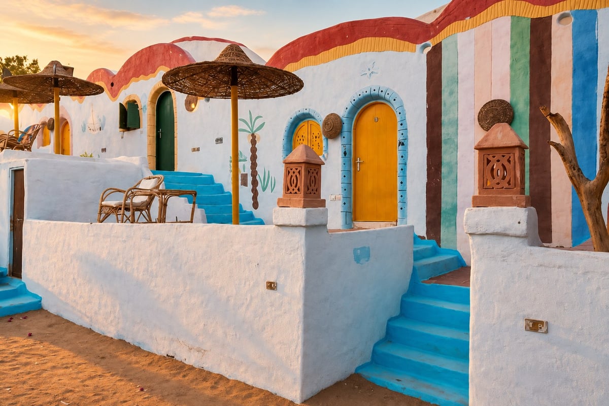 Aswan hotel courtyard with Nubian-style painted doors, blue steps, and sun parasols, Aswan hotel to airport transfer