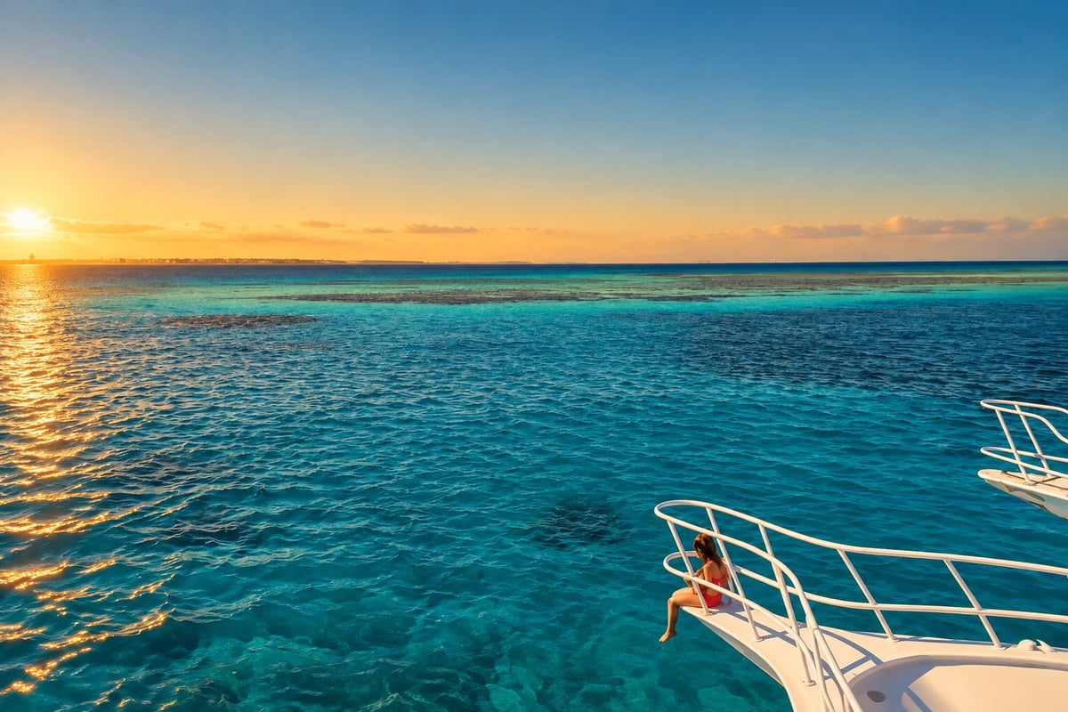 Woman on boat bow overlooks turquoise Red Sea waters.