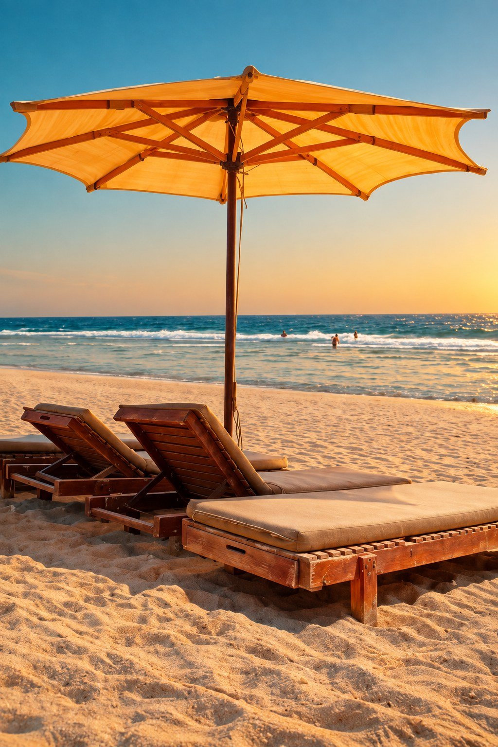 Sunbed loungers under a large parasol on Hurghada Red Sea shoreline, Hurghada to Luxor private transfer