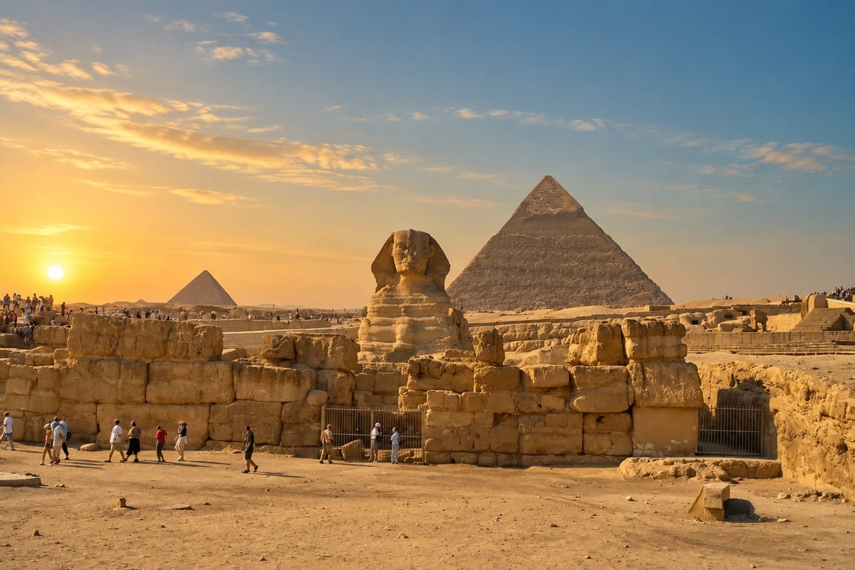 Iconic view of the Great Sphinx and Pyramids of Giza