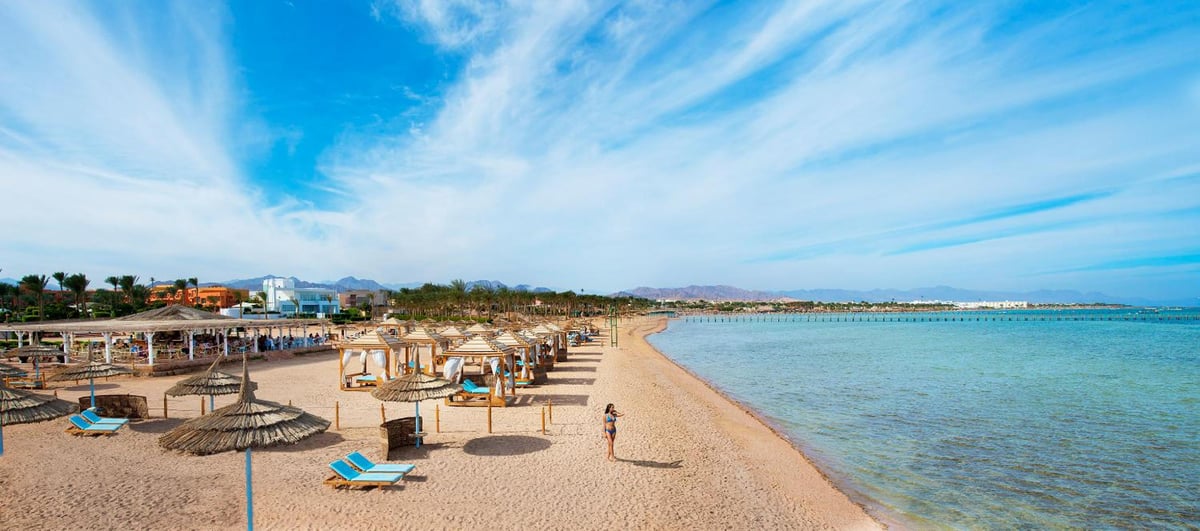 Amwaj Oyoun Resort beach with rows of loungers and a calm shoreline.