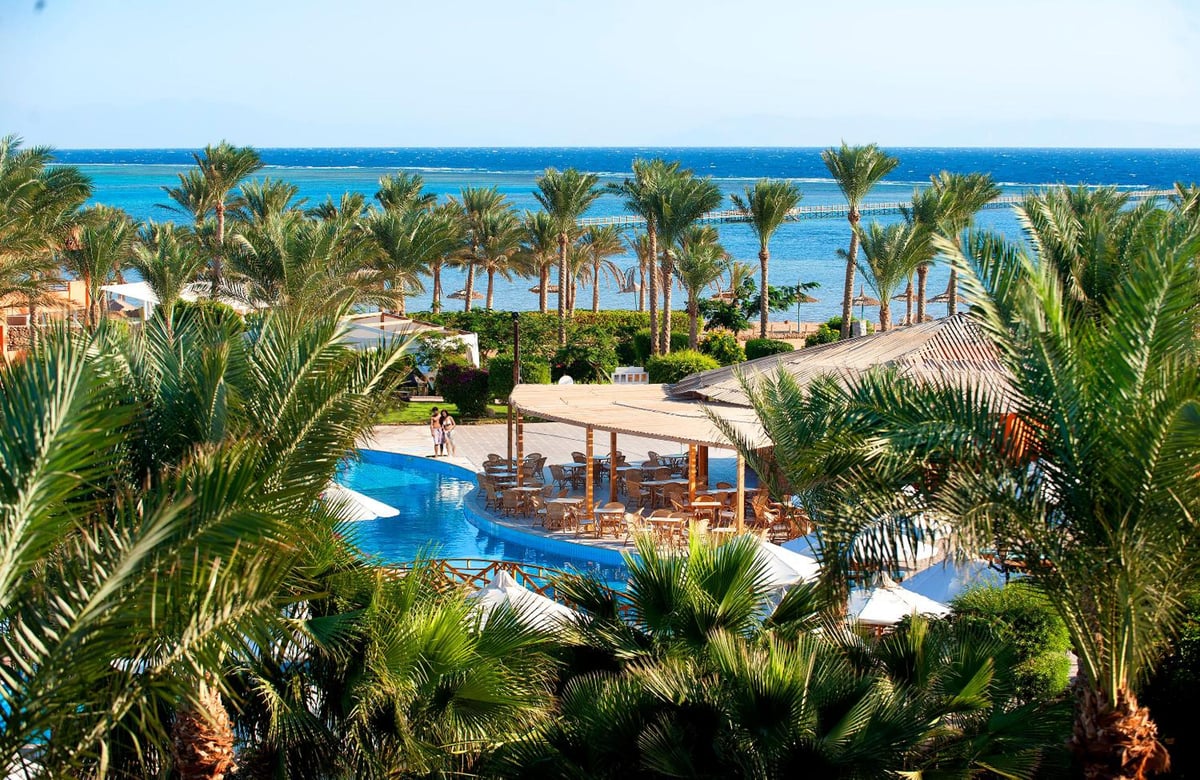 Amwaj Oyoun Resort pool area with a curved pool and palm trees.