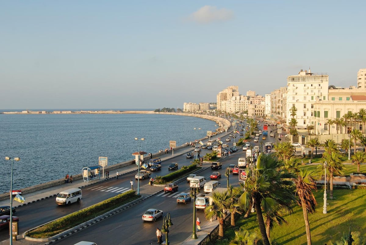 Steigenberger Cecil Hotel Alexandria seafront view with a coastal road and open water.