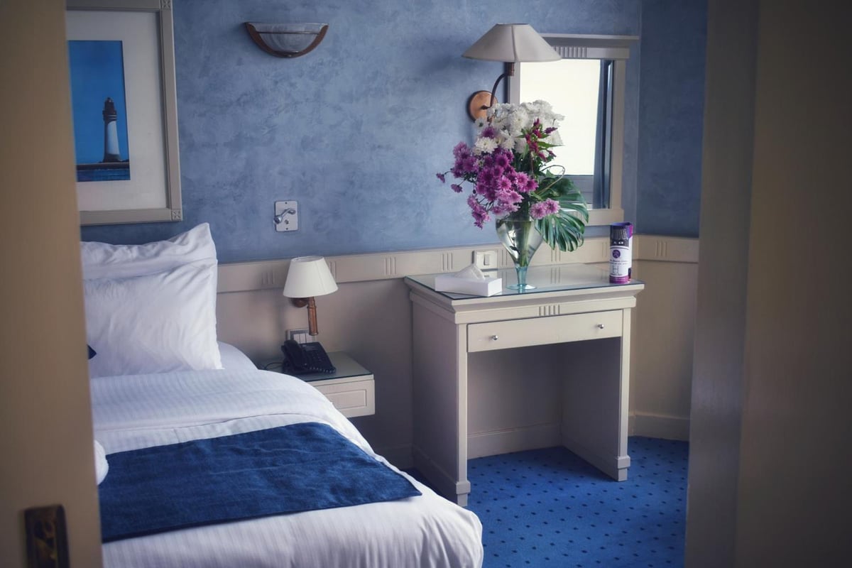 Romance Alexandria Hotel bedroom with a single bed and writing desk.