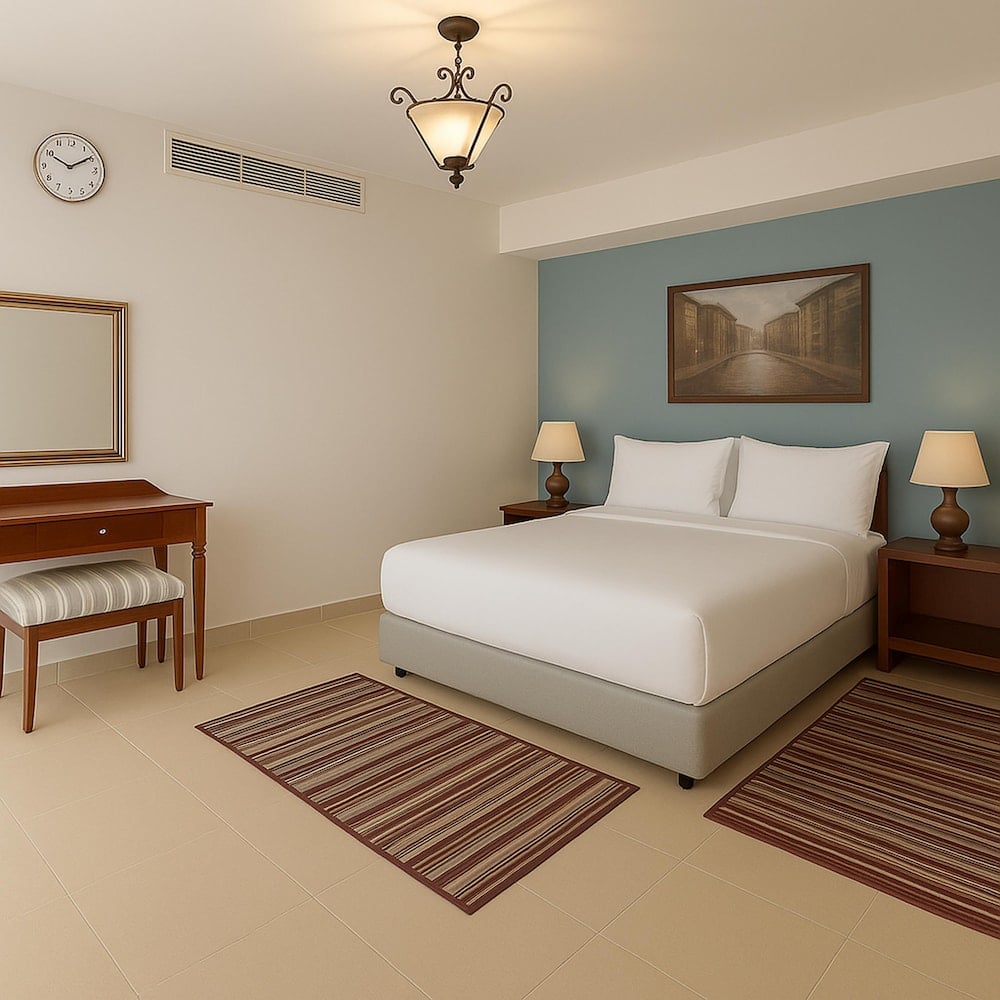 Marina Resort Port Ghalib bedroom with a white bed and blue accent wall.