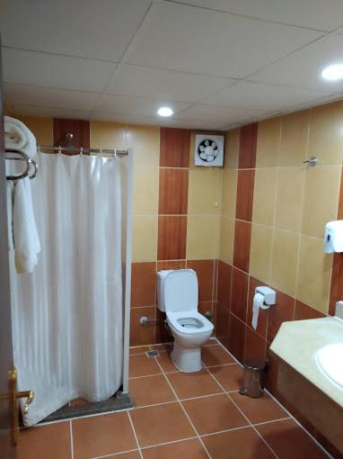 Falcon Naama Star Hotel bathroom with a shower curtain and a toilet.