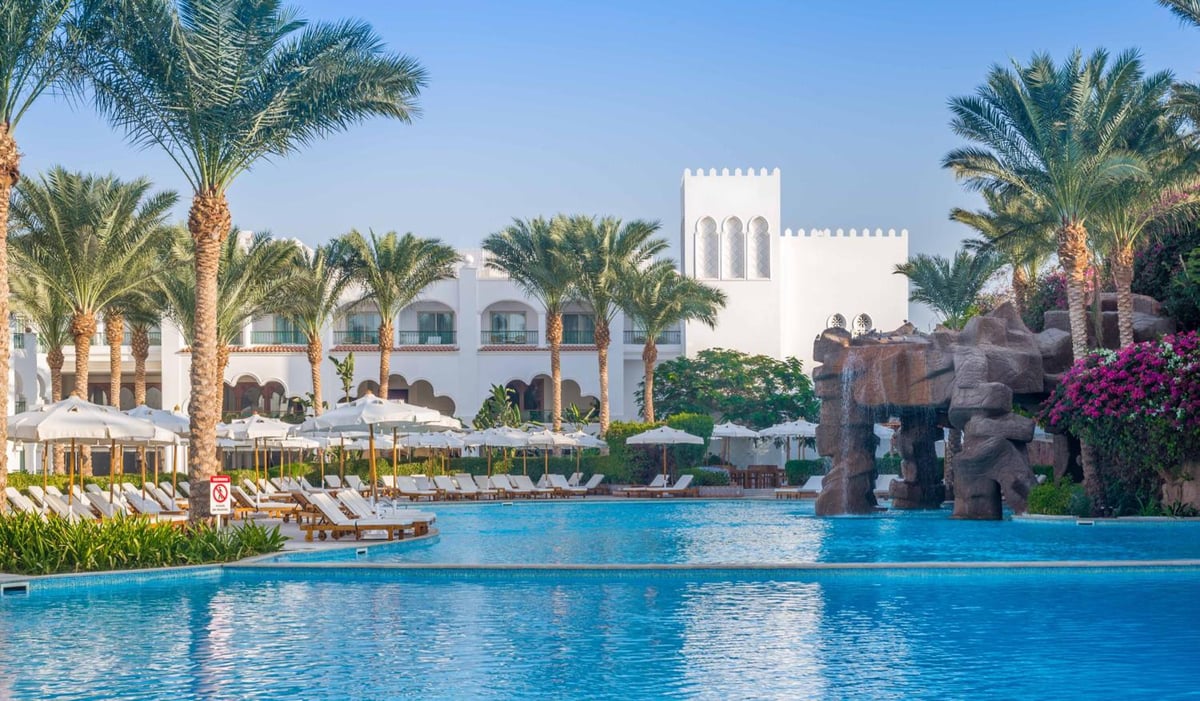 Baron Palms Resort (Adults Only) outdoor pool with palm trees and a rock waterfall.