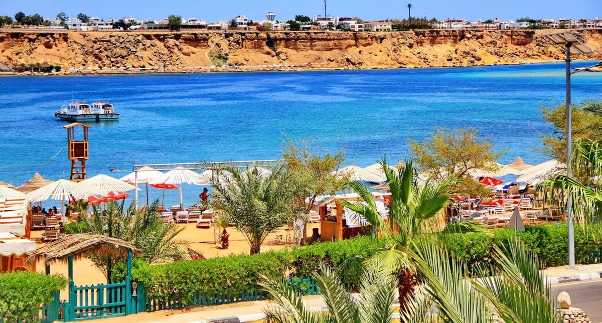 Turquoise Beach Hotel beach area with umbrellas and turquoise water.
