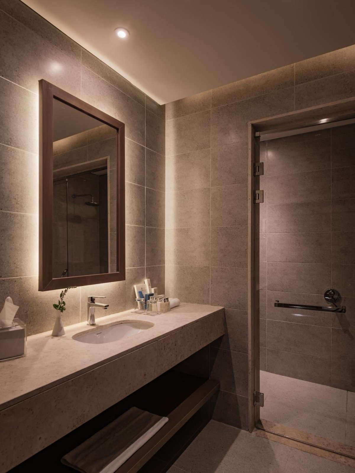 JAZ Elite Riviera bathroom with a stone vanity and glass shower.