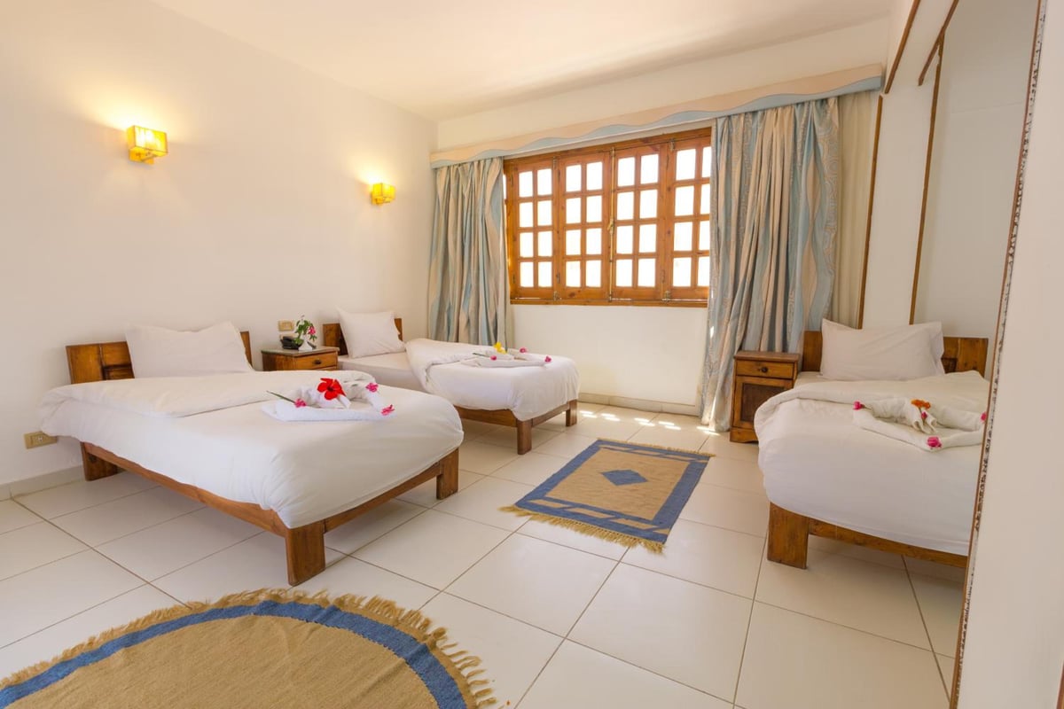 Acacia Dahab Hotel guest room with multiple beds and a wooden-framed window.