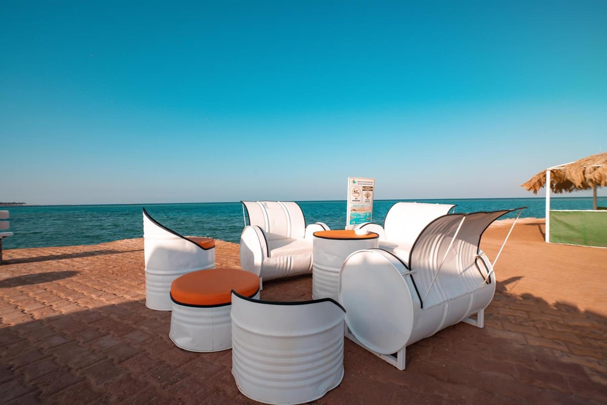 Lemon & Soul Makadi Garden terrace with white seating and sea views.